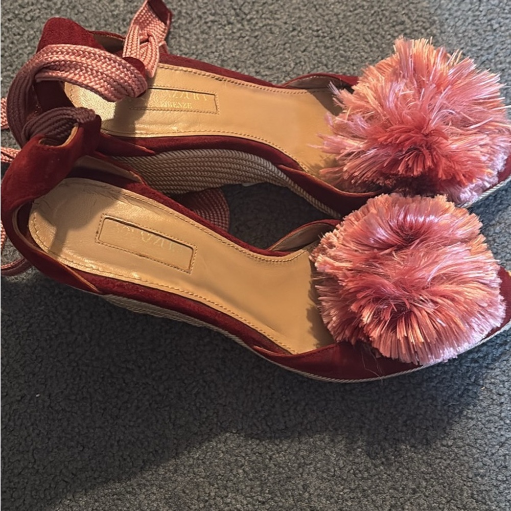Designer Aquazzura Lotus Blossom Espadrille Wedge in red suede, featuring tassel